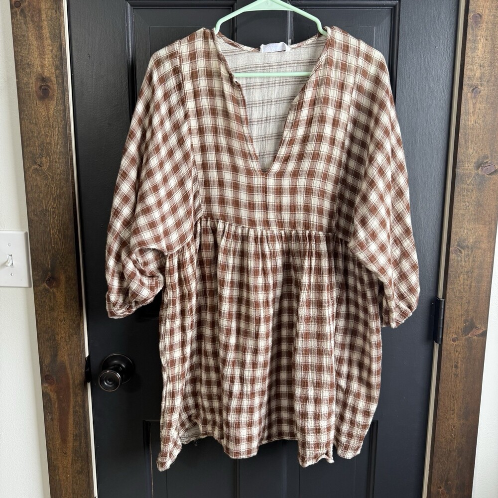 Tabulah Gingham Tiered Ruffle Dress V Neck Midi Size Small 100% Cotton Boho